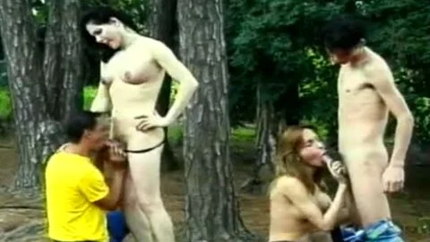 Two teens Brought Trance harlots To The Forest To engulf Each Other's penises