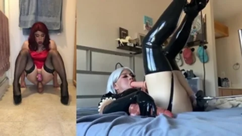 Sissy Candy - Latex Maid Reamed In pussy By plowing Machine
