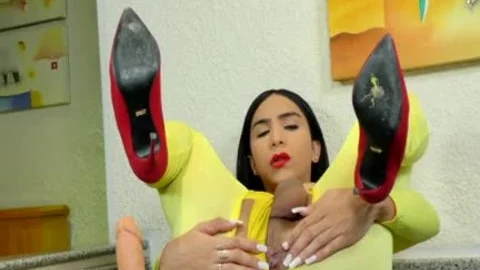 TS Yasmin Dornelles Milks each Drop Out Of Her biggest Shaft while Riding toy