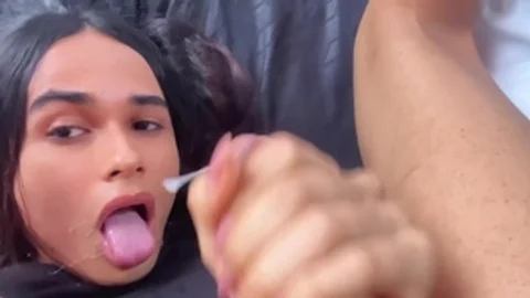 Stroking Her schlong In sofa And Shooting A cumshot On Her Face