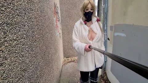 Exhibitionist skank Flashing In A Fur Coat By A Busy Road